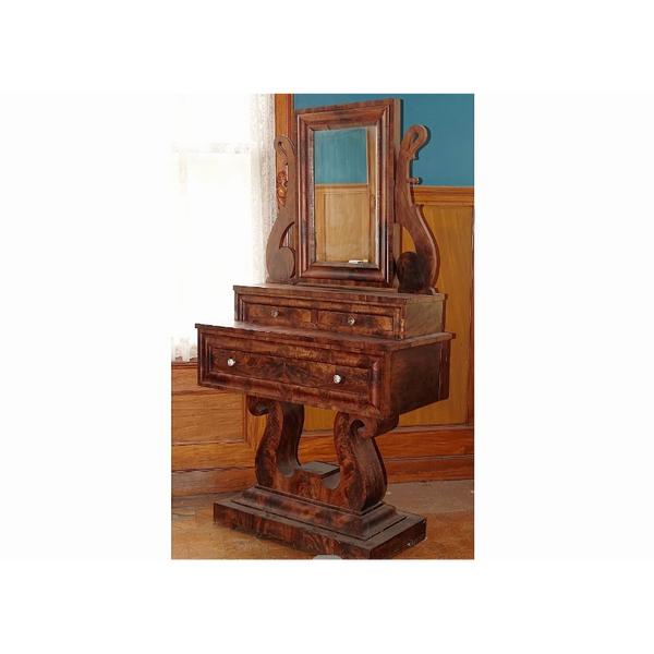 Antique Lyre Mirror Table-Art & Antiques-Just Gorgeous Studio-Brown-JustGorgeousStudio.com