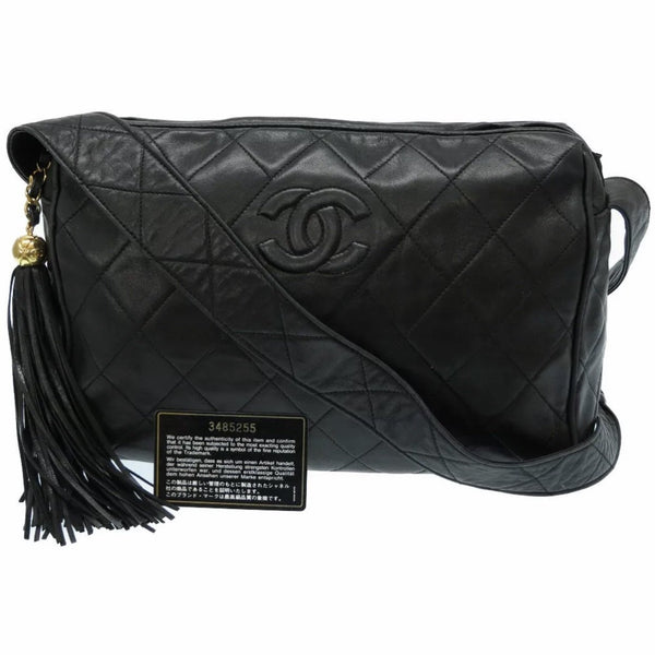 CHANEL CC Logo Quilted Leather Tassel Camera Messenger Bag Black