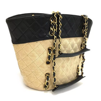 Chanel Canvas and Navy Leather Bucket Tote-Bags-Chanel-black/beige-JustGorgeousStudio.com