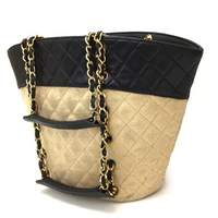 Chanel Canvas and Navy Leather Bucket Tote-Bags-Chanel-black/beige-JustGorgeousStudio.com
