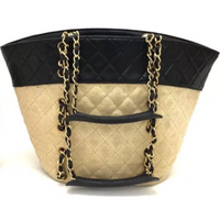 Chanel Canvas and Navy Leather Bucket Tote-Bags-Chanel-black/beige-JustGorgeousStudio.com