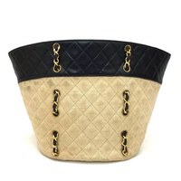 Chanel Canvas and Navy Leather Bucket Tote-Bags-Chanel-black/beige-JustGorgeousStudio.com