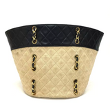 Chanel Canvas and Navy Leather Bucket Tote-Bags-Chanel-black/beige-JustGorgeousStudio.com