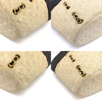 Chanel Canvas and Navy Leather Bucket Tote-Bags-Chanel-black/beige-JustGorgeousStudio.com