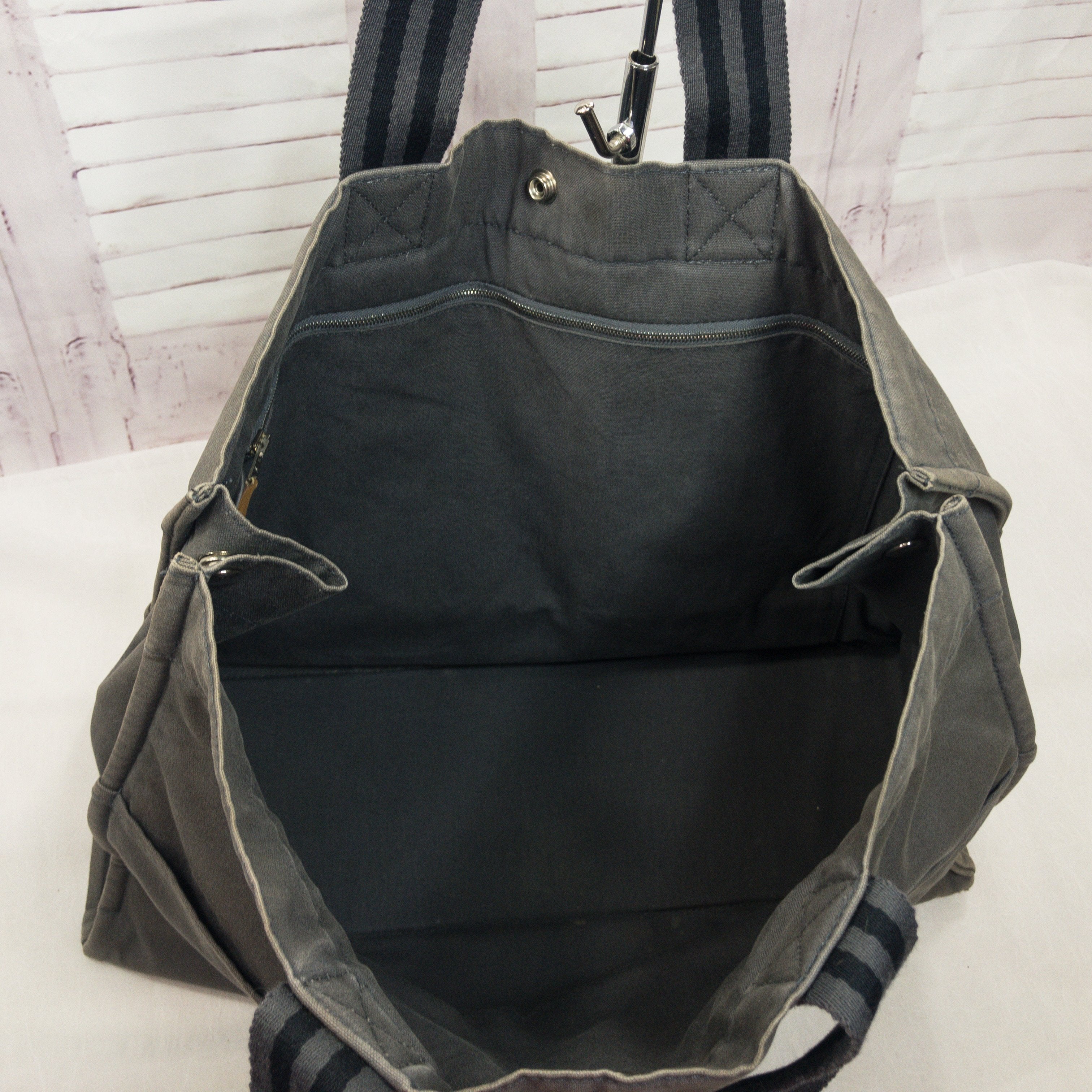 Authentic Hermes Fourre Tout PM Tote Handbag Black Exterior with Gray  Stripe.