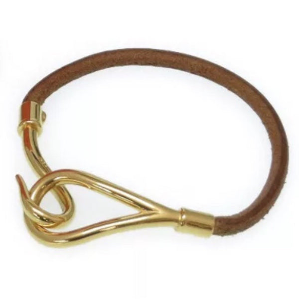 Hermes Jumbo Hook Gold and Leather Bracelet in Brown and Gold-Jewelry, Watches, & Sunglasses-Hermes-Brown/Gold-JustGorgeousStudio.com