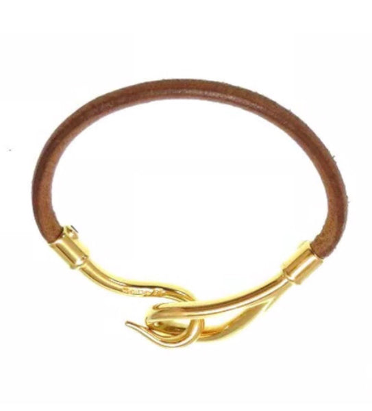 Hermes Jumbo Hook Gold and Leather Bracelet in Brown and Gold-Jewelry, Watches, & Sunglasses-Hermes-Brown/Gold-JustGorgeousStudio.com