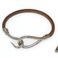 Hermes Jumbo Hook Silver and Leather Bracelet-Jewelry, Watches, & Sunglasses-Hermes-Brown/Silver-JustGorgeousStudio.com