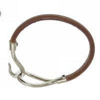 Hermes Jumbo Hook Silver and Leather Bracelet-Jewelry, Watches, & Sunglasses-Hermes-Brown/Silver-JustGorgeousStudio.com