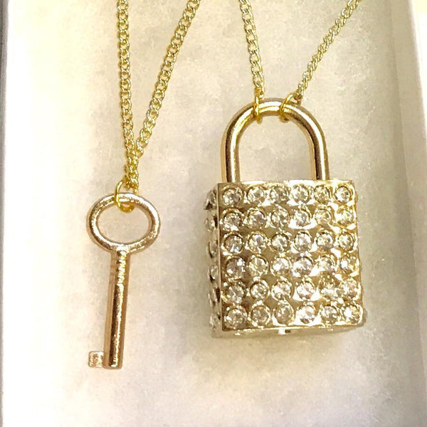 “Lock Me In” Padlock Set On Necklace-Lock & Key, Key Holders, Luggage Tags-Just Gorgeous Studio-2 Chains-Gold Tone-JustGorgeousStudio.com