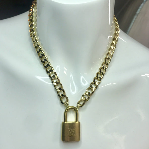 Repurposed vintage brass Louis Vuitton padlock 318 with layered style  necklace chains 2