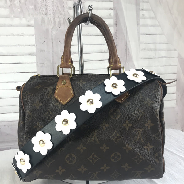 Michael Kors Black & White Floral Applique Leather Shoulder Strap