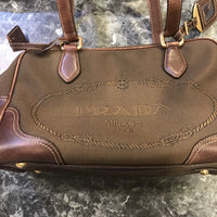 Prada Monogram Logo Boston Shoulder Bag-Bags-PRADA-Brown/Gold-JustGorgeousStudio.com